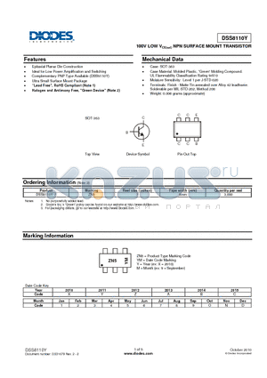 DSS8110Y datasheet - 100V LOW VCE(sat) NPN SURFACE MOUNT TRANSISTOR