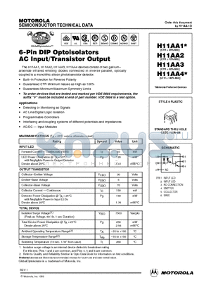 H11AA2 datasheet - 6-Pin DIP Optoisolators AC Input/Transistor Output