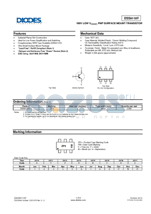 DSS9110Y datasheet - 100V LOW VCE(SAT) PNP SURFACE MOUNT TRANSISTOR