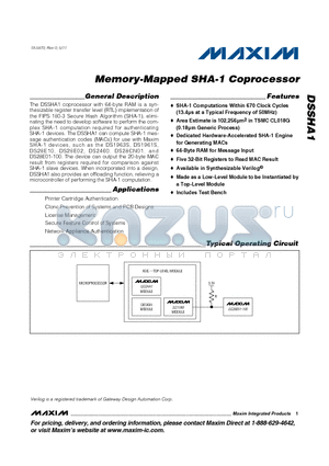 DSSHA1 datasheet - Memory-Mapped SHA-1 Coprocessor Five 32-Bit Registers to Read MAC Result