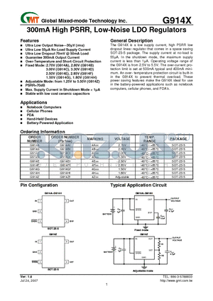 G914H datasheet - 300mA High PSRR, Low-Noise LDO Regulators