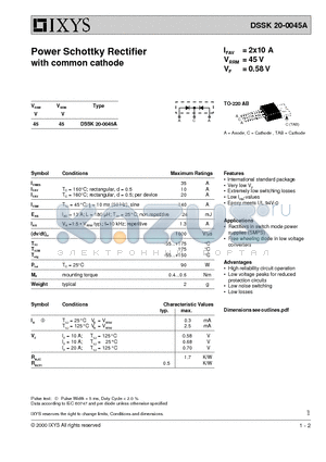 DSSK20-0045A datasheet - Power Schottky Rectifier with common cathode