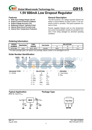 G915 datasheet - 1.5V 600mA Low Dropout Regulator