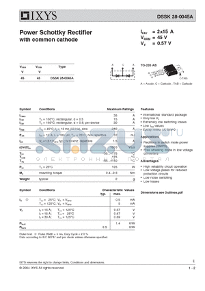 DSSK28-0045A datasheet - Power Schottky Rectifier with common cathode