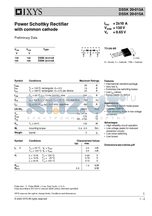 DSSK20-013A datasheet - Power Schottky Rectifier with common cathode