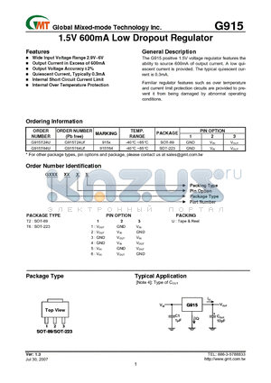 G915_07 datasheet - 1.5V 600mA Low Dropout Regulator