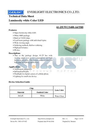 61-25UWC/S400-A6/TR8 datasheet - Luminosity white Color LED
