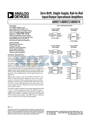 AD8572 datasheet - Zero-Drift, Single-Supply, Rail-to-Rail Input/Output Operational Amplifiers