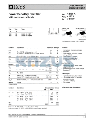 DSSK60-015A datasheet - Power Schottky Rectifier with common cathode
