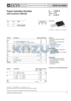 DSSK80-0008 datasheet - Power Schottky Rectifier with common cathode
