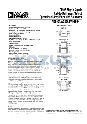 AD8591 datasheet - CMOS Single Supply Rail-to-Rail Input/Output Operational Amplifiers with Shutdown