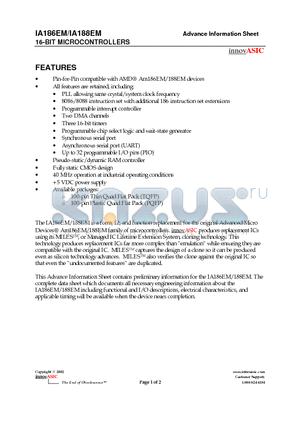 IA186EM-PQF100I datasheet - 16-BIT MICROCONTROLLERS