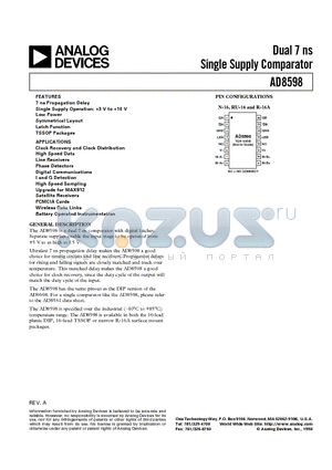 AD8598 datasheet - Dual 7 ns Single Supply Comparator