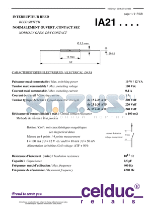IA21 datasheet - REED SWITCH NORMALY OPEN, DRY CONTACT