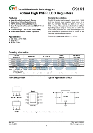 G9161 datasheet - 400mA High PSRR, LDO Regulators