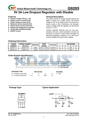 G9205TF1TF datasheet - 5V 2A Low Dropout Regulator with Disable