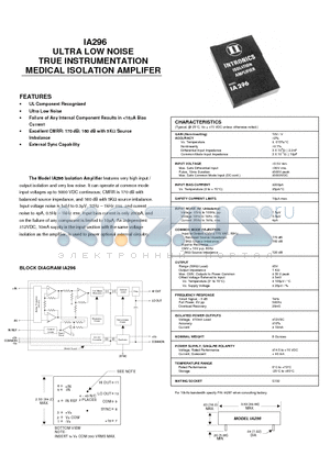 IA296 datasheet - ULTRA LOW NOISE TRUE INSTRUMENTATION MEDICAL ISOLATION AMPLIFER