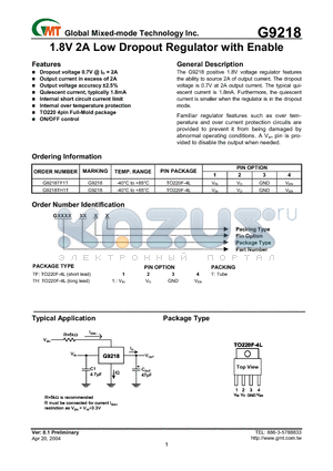 G9218TH3T datasheet - 1.8V 2A Low Dropout Regulator with Enable