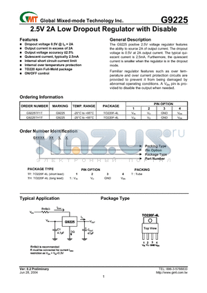 G9225TH1T datasheet - 2.5V 2A Low Dropout Regulator with Disable