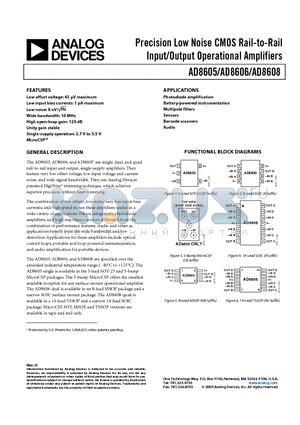 AD8606ARM-R2 datasheet - Precision Low noise CMOS Rail-to-Rail Input/Output Operational Amplifiers