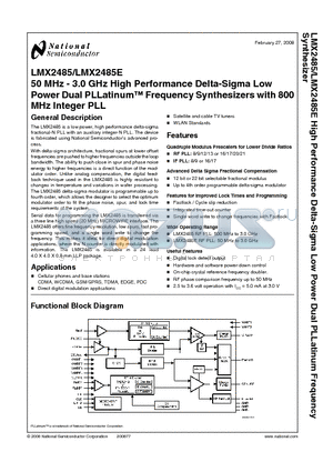 LMX2485ESQ datasheet - 50 MHz - 3.0 GHz High Performance Delta-Sigma Low Power Dual PLLatinum Frequency Synthesizers with 800MHz Integer PLL