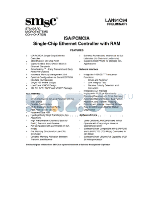 91C94 datasheet - ISA/PCMCIA SINGLE CHIP ETHERNET CONTROLLER WITH RAM