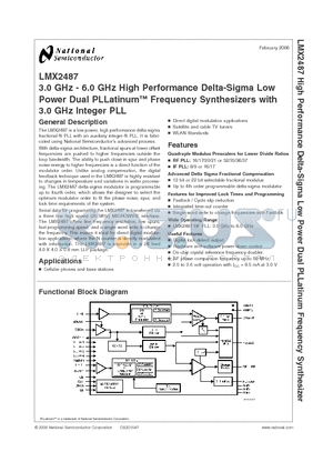 LMX2487 datasheet - 3.0 GHz - 6.0 GHz High Performance Delta-Sigma Low Power Dual PLLatinum Frequency Synthesizers with 3.0 GHz Integer PLL