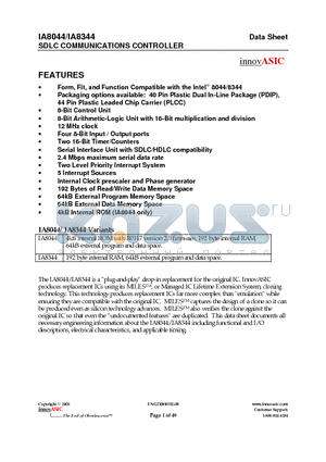 IA8044-PLC44I-01 datasheet - SDLC COMMUNICATIONS CONTROLLER