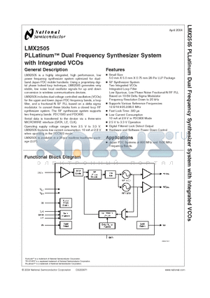 LMX2505LQX1321 datasheet - PLLatinu  Dual Frequency Synthesizer System with Integrated VCOs