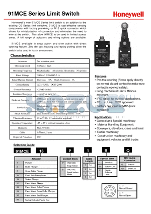 91MCE16P1BQ datasheet - Limit Switch is an Addition th the Existing CE Series Limit Swithes