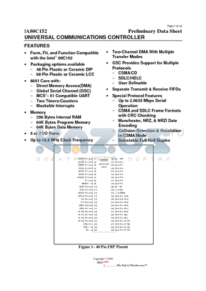 IA80C152JB datasheet - UNIVERSAL COMMUNICATIONS CONTROLLER