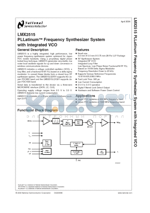 LMX2515LQ1321 datasheet - PLLatinum Frequency Synthesizer System with Integrated VCO