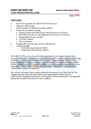 IA80C186-TQF80I datasheet - 16-BIT MICROCONTROLLERS