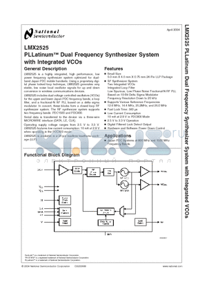 LMX2525 datasheet - PLLatinum Dual Frequency Synthesizer System with Integrated VCOs