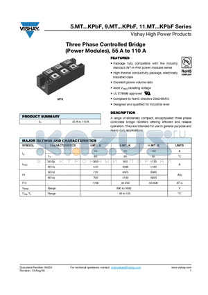 91MT160KPBF datasheet - Three Phase Controlled Bridge (Power Modules), 55 A to 110 A