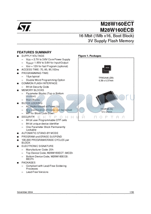 M28W160ECB70ZB1T datasheet - 16 Mbit (1Mb x16, Boot Block) 3V Supply Flash Memory