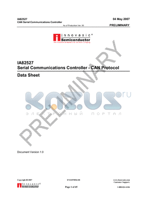 IA82527 datasheet - Serial Communications Controller  CAN Protocol