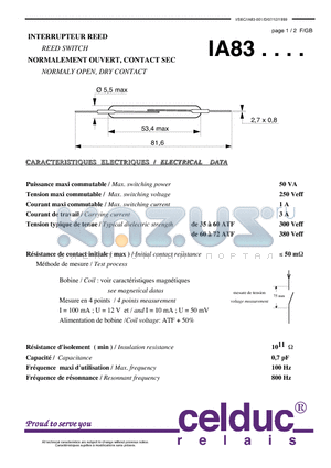 IA83 datasheet - REED SWITCH NORMALY OPEN, DRY CONTACT