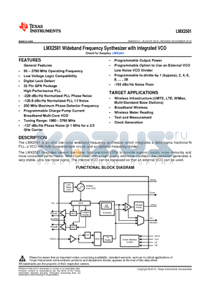 LMX2581 datasheet - LMX2581 Wideband Frequency Synthesizer with Integrated VCO