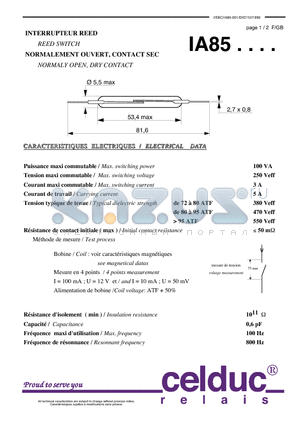 IA85-001 datasheet - REED SWITCH NORMALY OPEN, DRY CONTACT