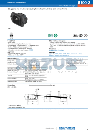 6100-3 datasheet - IEC Appliance Inlet C14, Screw-on Mounting, Front or Rear Side, Solder or Quick-connect Terminal