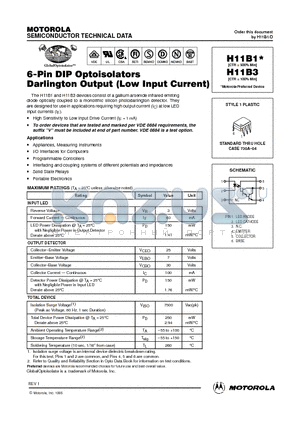 H11B3 datasheet - 6-Pin DIP Optoisolators Darlington Output(Low Input Current)