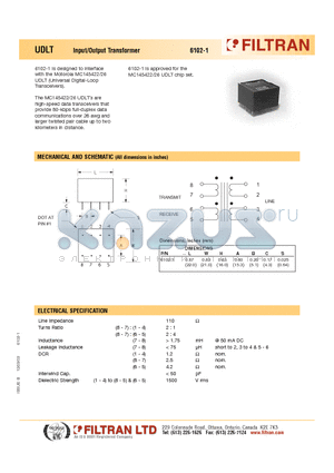 6102-1 datasheet - UDLT Input/Output Transformer