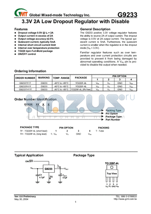 G9233 datasheet - 3.3V 2A LOW DROPOUT REGULATOR WITH DISABLE