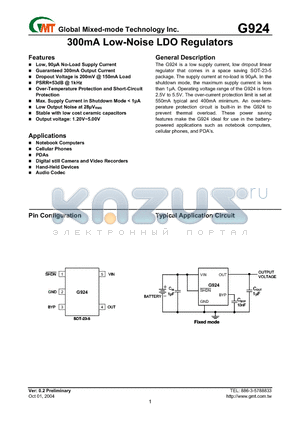 G924-140T1U datasheet - 300mA Low-Noise LDO Regulators