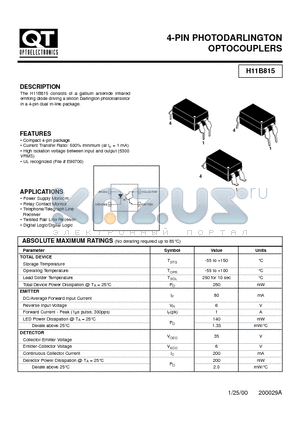 H11B815 datasheet - 4-PIN PHOTODARLINGTON OPTOCOUPLERS