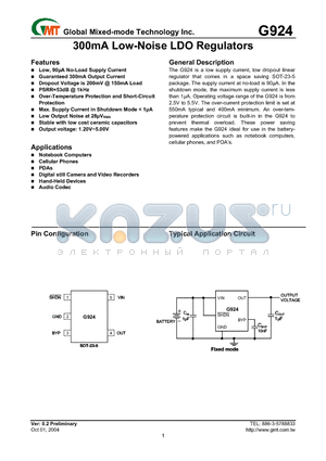 G924-280T1U datasheet - 300mA Low-Noise LDO Regulators