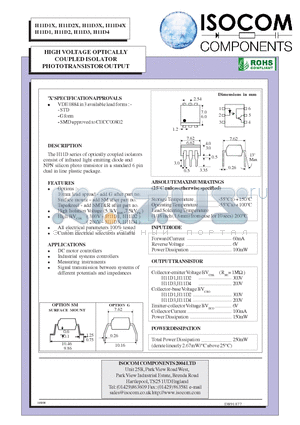 H11D1 datasheet - HIGH VOLTAGE OPTICALLY COUPLED ISOLATOR PHOTOTRANSISTOR OUTPUT