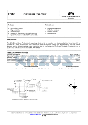 61063-001 datasheet - PHOTODIODE PILL PACK