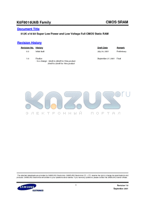 DS_K6F8016U6B datasheet - 512K x16 bit Super Low Power and Low Voltage Full CMOS Static RAM